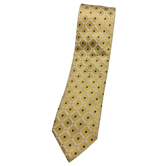 FAÇONNABLE Men's 100% Silk Necktie LUXURY Tie Gold Tartan Polka Dot W:3.2" EUC
